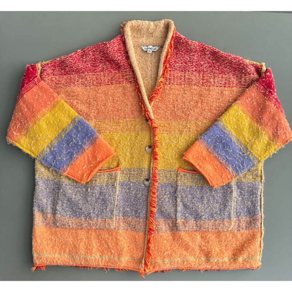 Davi & Dani Rainbow Boucle Cardigan Fringe Trim Oversized Sweater S Western